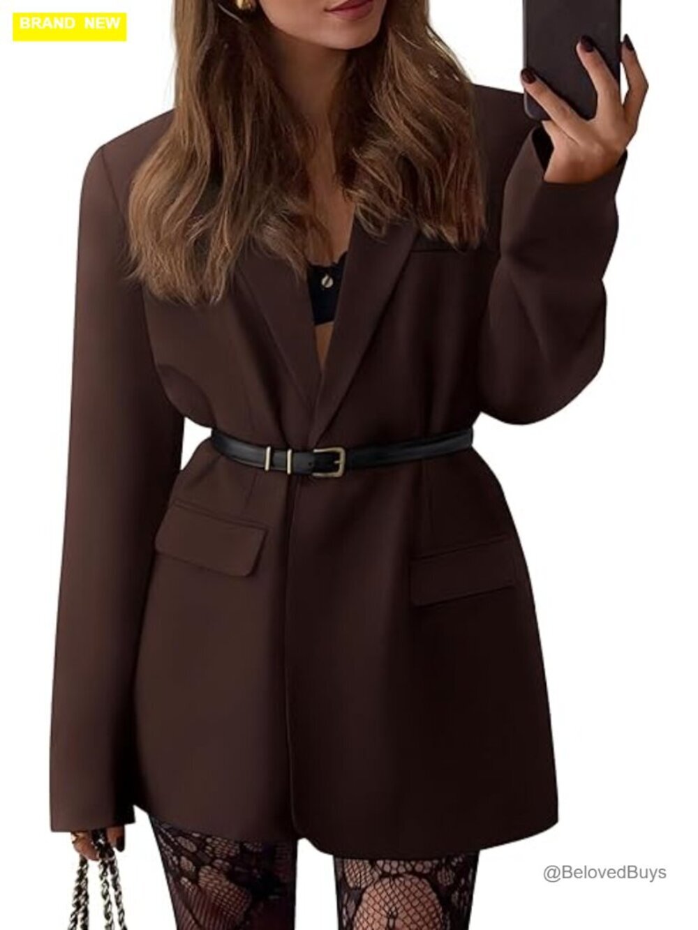 Open Front Oversized Blazer with Notched Lapels and Padded Shoulders